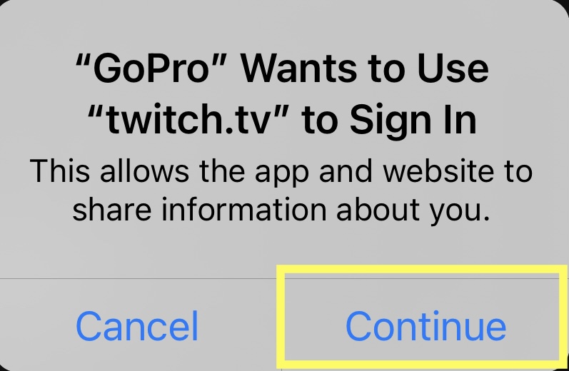 Bước 3: Bạn nhấn vào "Continue" để cho phép GoPro sử dụng Twitch.tv để đăng nhập.