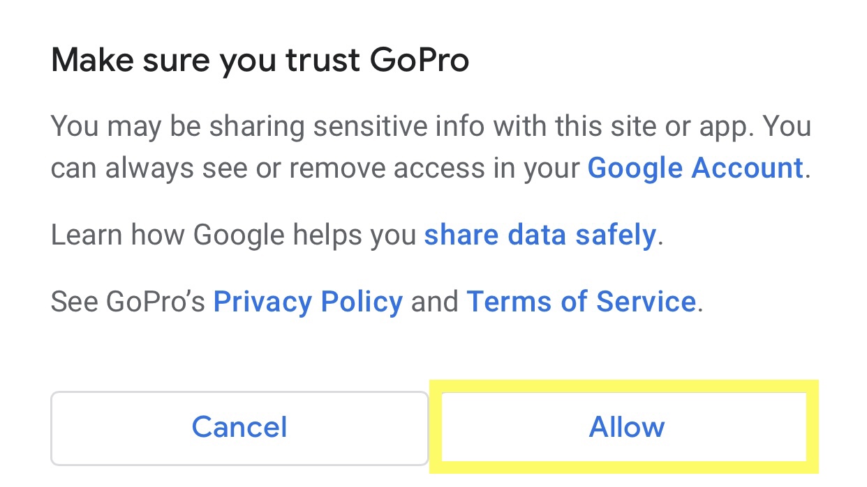 Bước 4: Màn hình tiếp theo sẽ yêu cầu bạn cho phép tin cậy GoPro. Bạn chọn "Allow".
