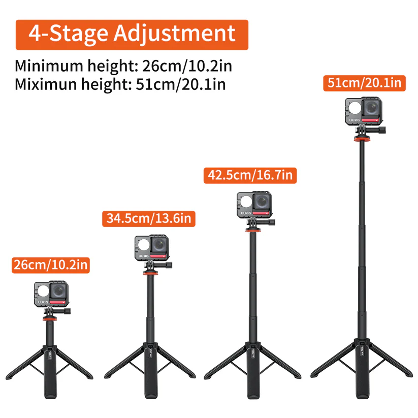 Vrig TP-08 có thể kéo dài thành 4 chiều dài riêng biệt, cho phép điều chỉnh độ dài nhanh chóng từ 10,2 inch đến 20,1 inch.