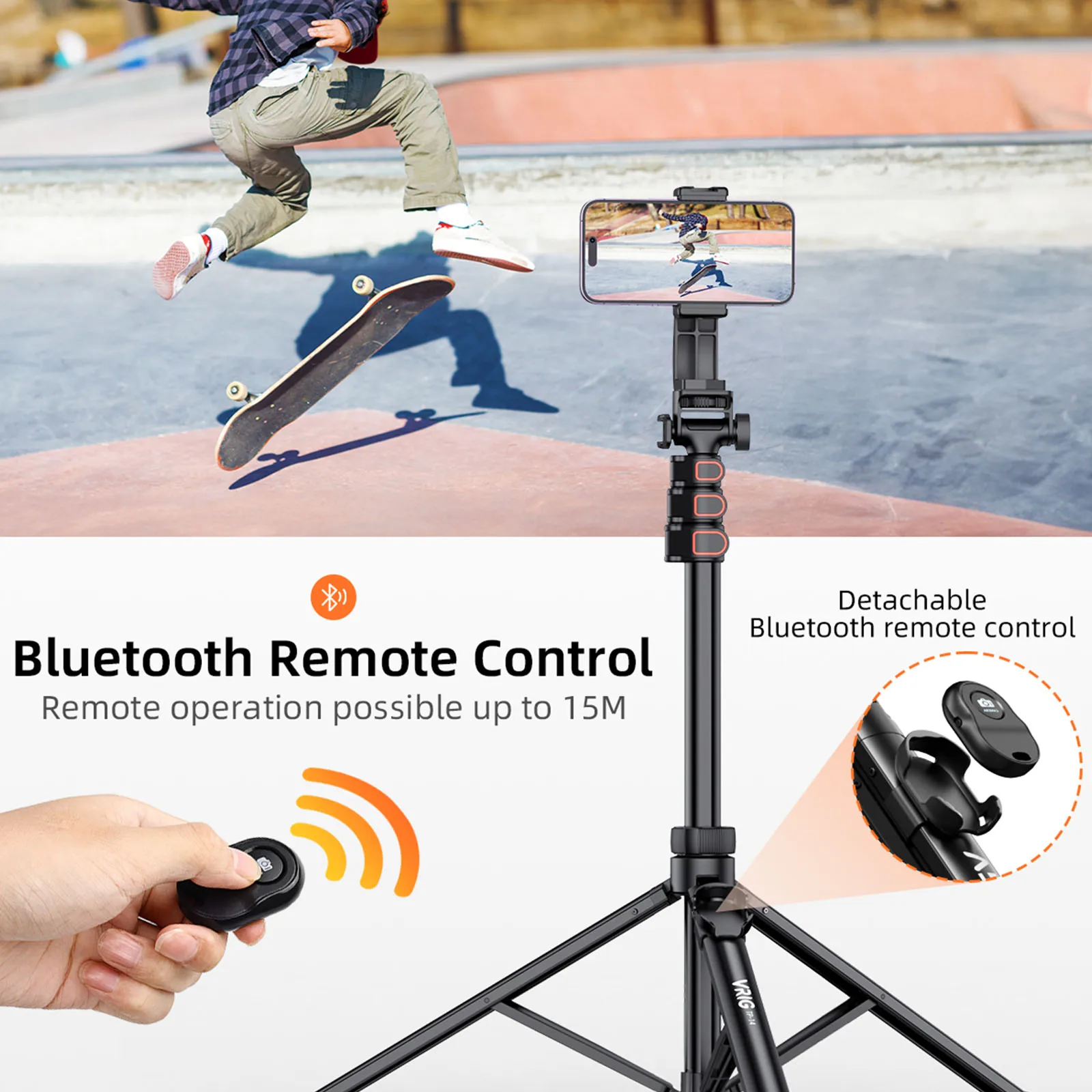 Điều khiển từ xa Bluetooth lên đến 15m và có thể tháo rời tiện dụng