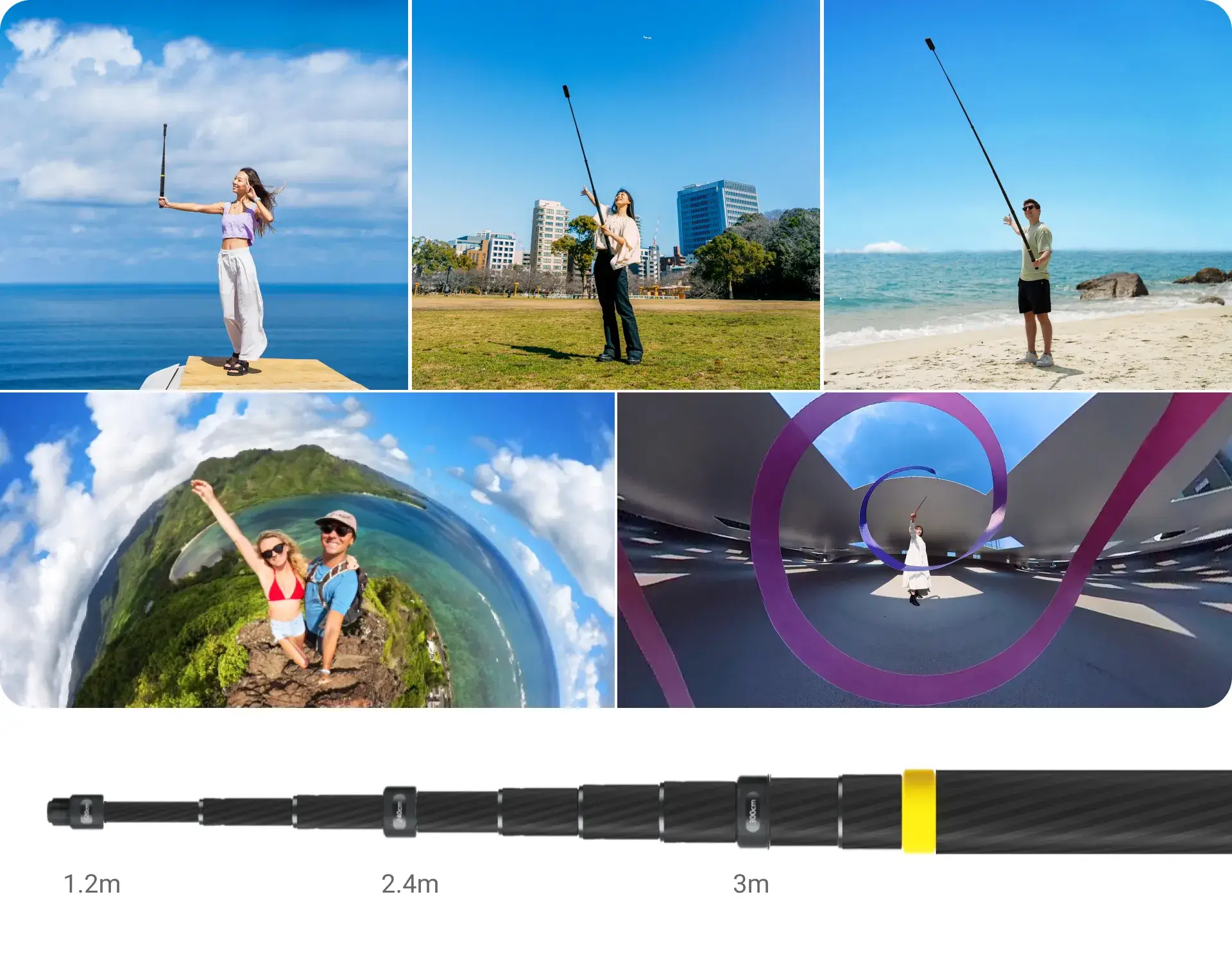 Gậy Insta360 Extended Edition Selfie Stick có thể kéo dài đến 3 mét, với khả năng điều chỉnh chiều dài linh hoạt ở các mức giữa